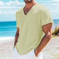thumbnail image 5 of Bohemian Raw Hem V Neck Mens Short Sleeve Shirt, Fringe Casual Pullover, Skin Friendly Linen Blend Fabric for Seaside Walking Daily Vacation Outfits Light Yellow XL, 5 of 8