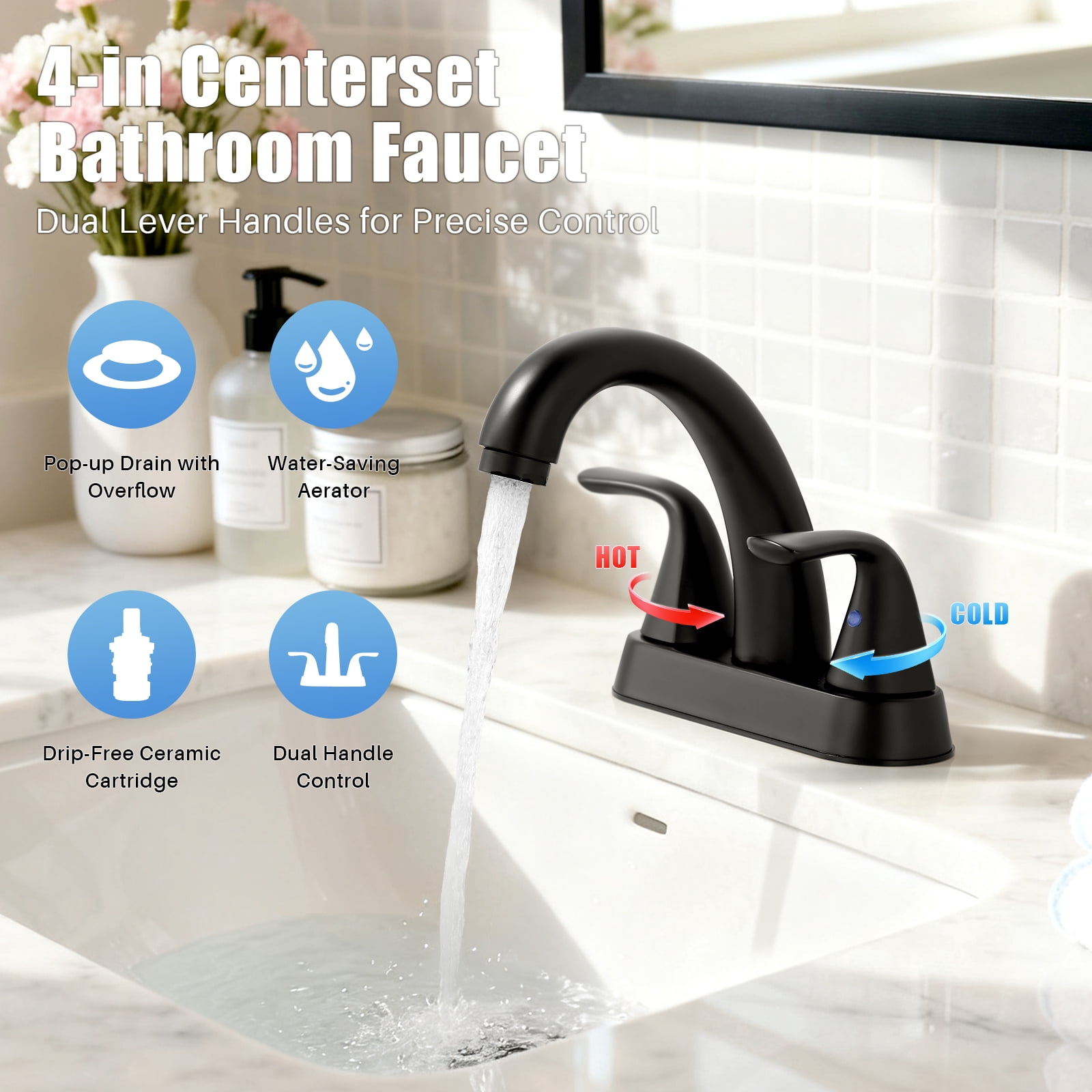 Wowow 4 inch Centerset 2-Handle Bathroom Faucet in black for Bathroom Sink with Pop Up Drain