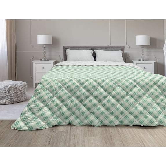 Mint Down Alternative Comforter, Shabby Fashion Abstract Squares Vintage Pattern Checkered Striped Crosswise, Microfiber Quilt for All Season, 5 Sizes, Jade and Almond Green, by Ambesonne