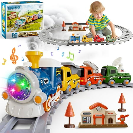 Carsky Steam Train Set for Kids with Lights, Sounds & Water Mist, Railway Tracks and Accessories, Christmas Train Toy Gift for Boys and Girls