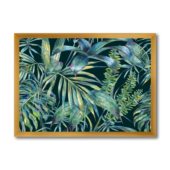 Designart 'Natural Green Leaves Exotic On Dark I' Tropical Framed Art Print