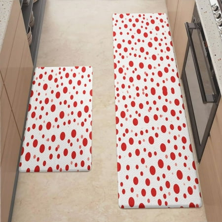 

Anti Fatigue Kitchen Mat Red And Pink Polka Dots Sets of 2 Kitchen Rugs Non Slip Cushioned Standing Mat for Sink Floor Laundry Office Desk Mid 17.3 x 29 + Plus 17.3 x 47.2