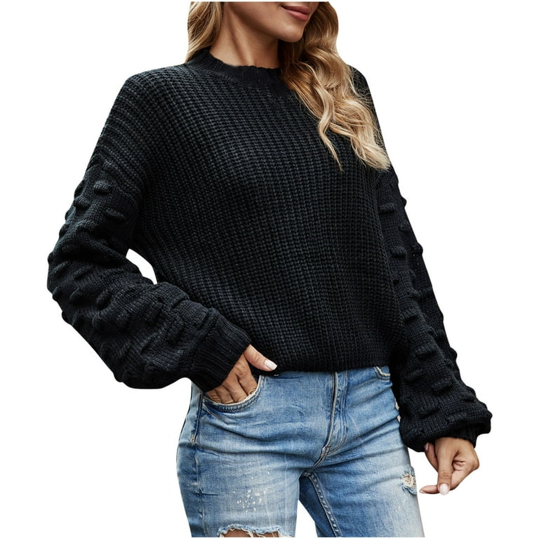 JGGSPWM Solid Waffle Knit Sweaters for Womens Fall Winter Tops Soft Comfy  Jumper Crewneck POM Lantern Long Sleeve Pullover Casual Elegant Sweater