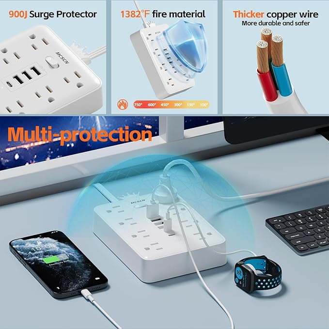 Ultra Thin Flat Plug Surge Overload Protector Power Strip Wall Outlet with 8 AC Power Outlets 6 USB (2 USB C) for Home Office Dorm Travel Essentials 15A 1875W UL Released 15FT)