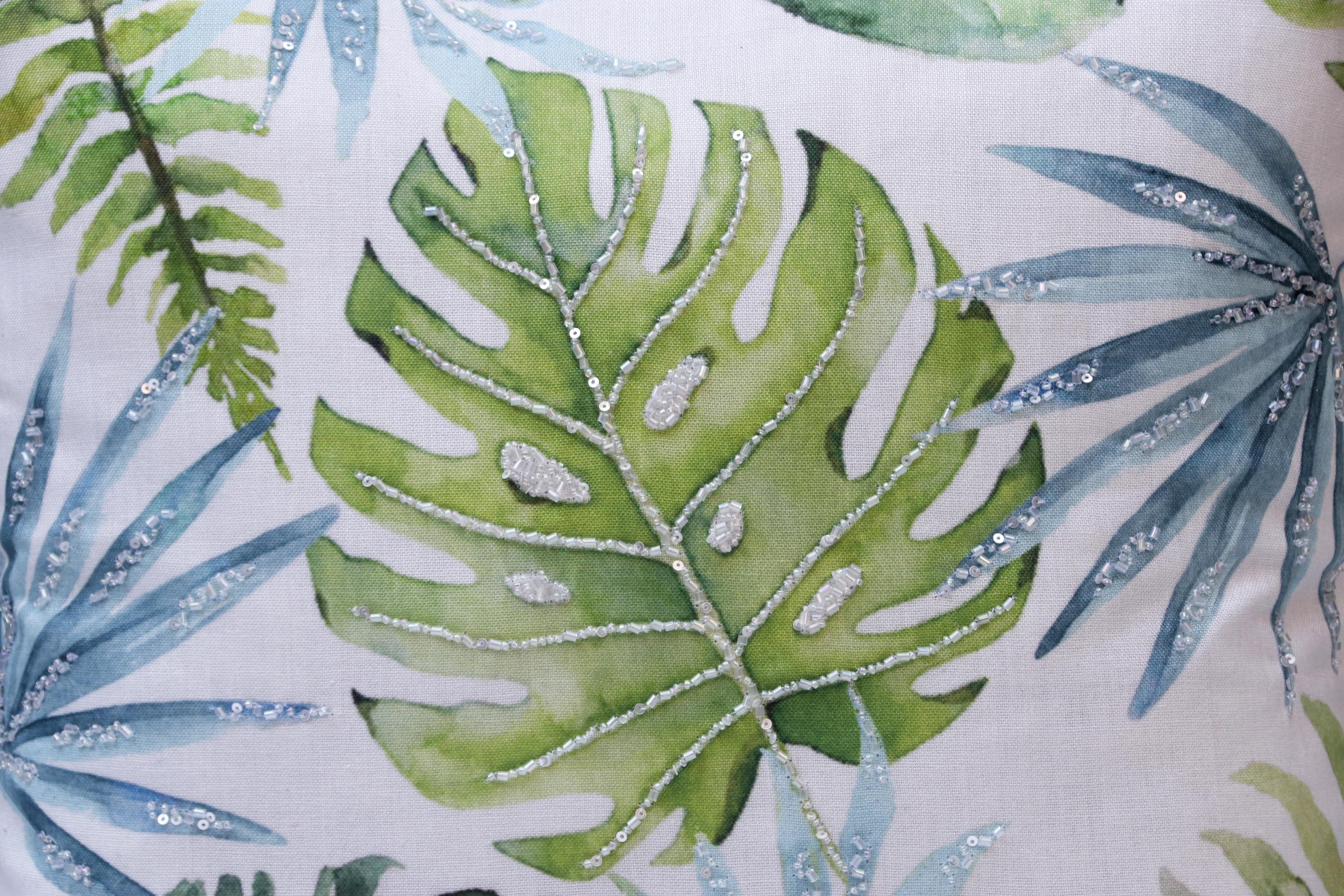 Pauline Hand-Woven Tropical Leaves Polyester Throw Pillow, Green/Blue, 20" x 20", Count per Pack 1