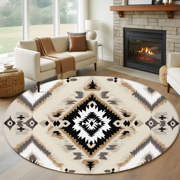 Round Rugs 6Ft, Boho Black Brown Round Area Rug Washable Indoor Throw Carpet, Vintage Southwestern Ethnic Geometric Soft Non Slip Circle Rug for Office Cabinet Home Decor Aesthetic
