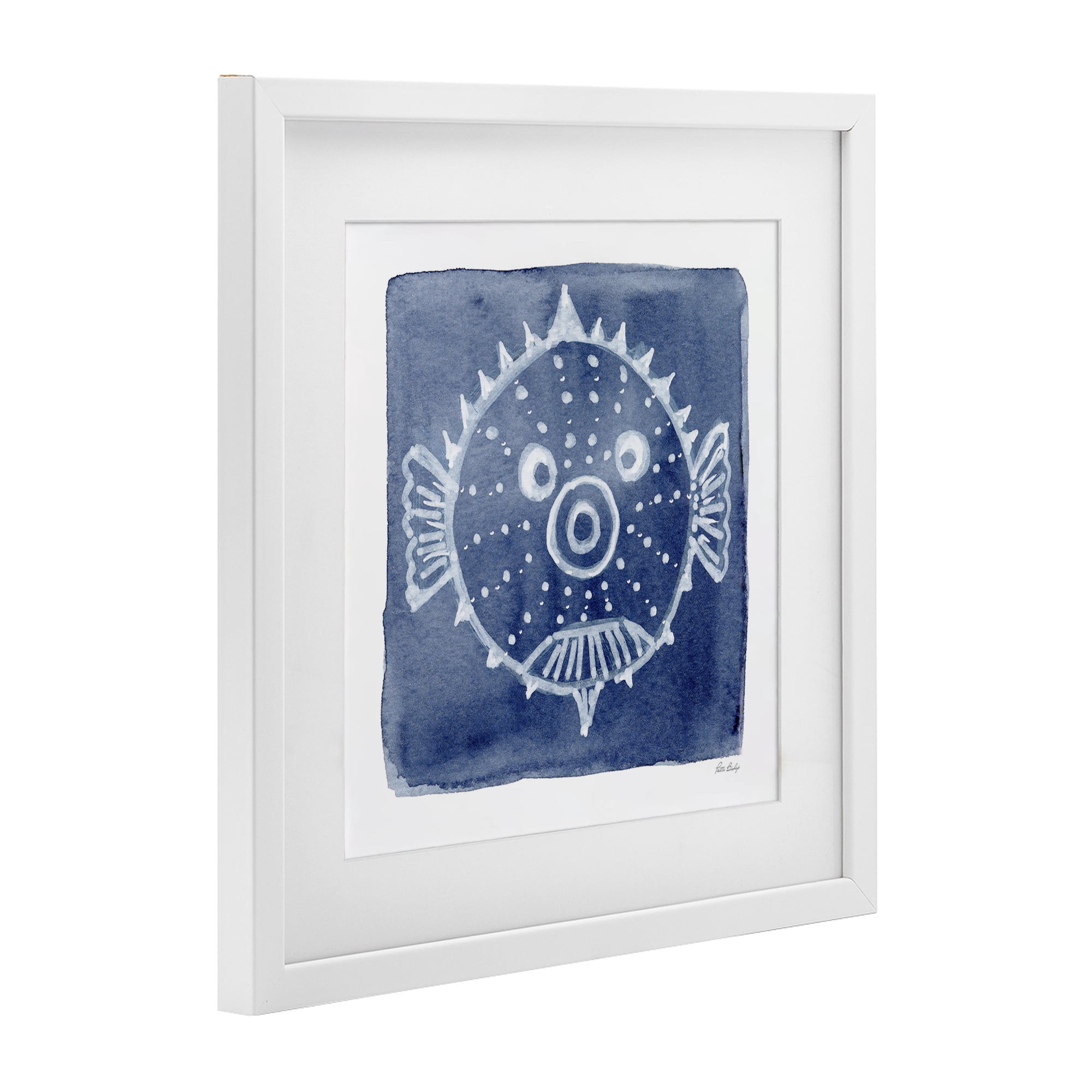 Stupell Industries White Blow Fish on Indigo White Framed Print Under Glass, design by Patti Bishop