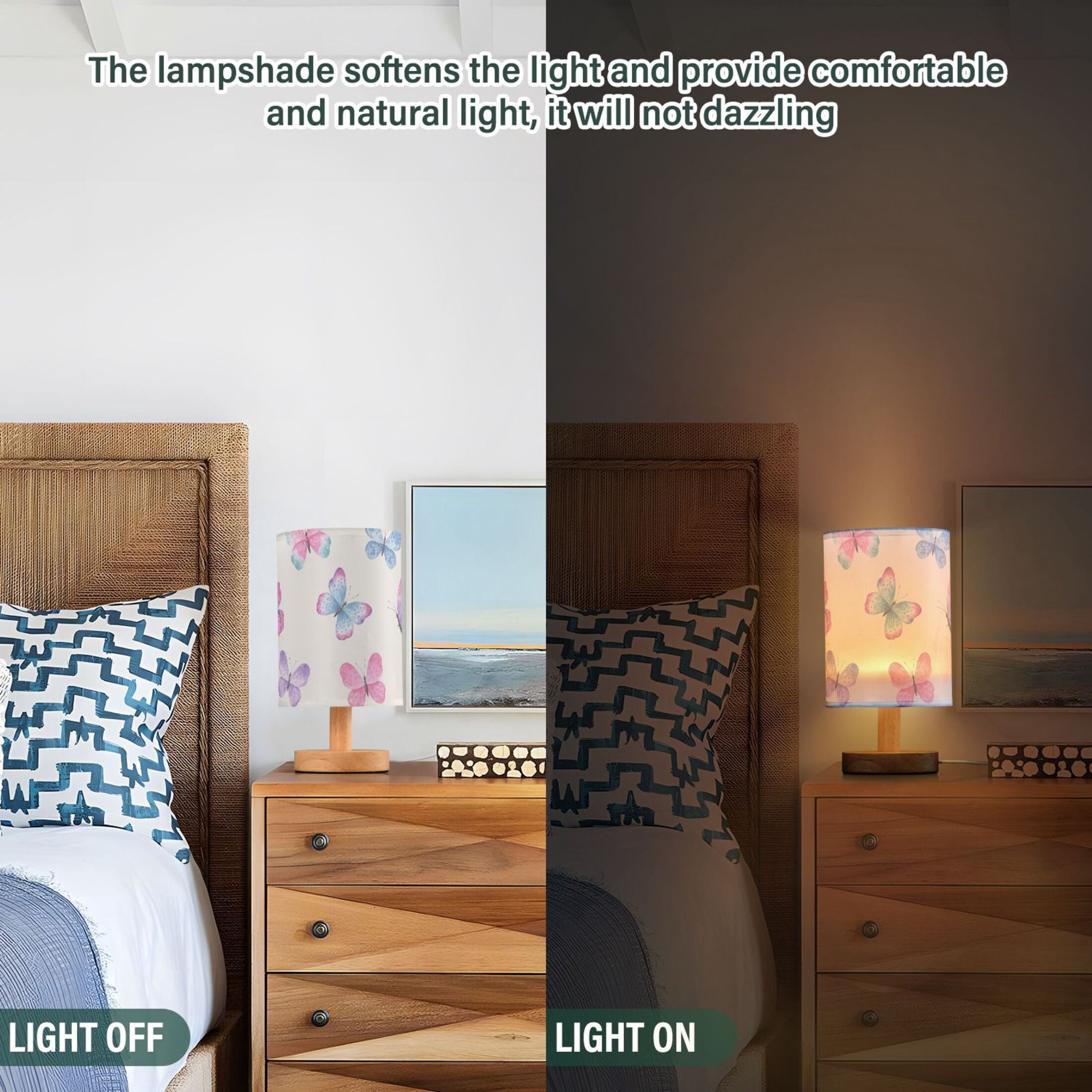 Cute Pink Butterfly in White Bedside Table Lamp LED Warm Lights with USB Charging Port Retro Cylinder Desk Lamps