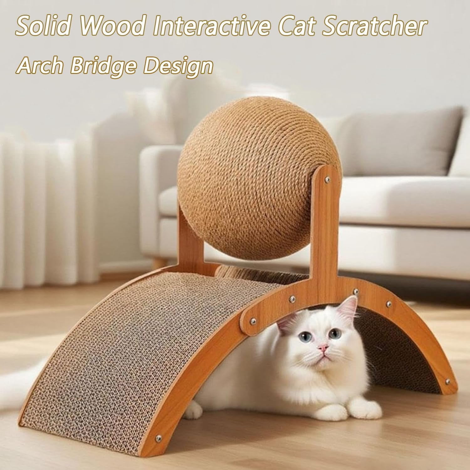 Cat Scratching Ball On Stand - Solid Wood Interactive Cat Scratcher, with Arch Bridge and 360° Rotating Natural Sisal Ball for Indoor Cat Kittens (Small)