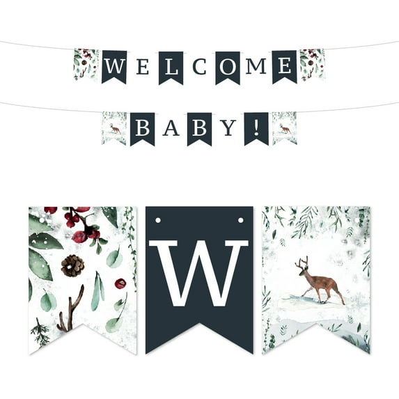 Koyal Wholesale Winter Woodland Forest Watercolor Baby Shower, Hanging Pennant Banner with String, Welcome Baby!, 1- Pk