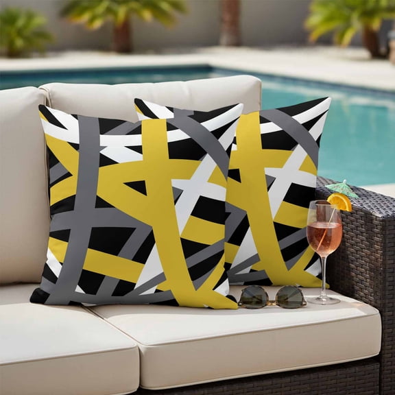 Abstract Art Outdoor Waterproof Throw Pillow Covers Set of 2, 26"x26", Yellow White Black Gray Line Modern Simple Decorative Pillow Covers Outside Cushion Case for Patio Porch Garden
