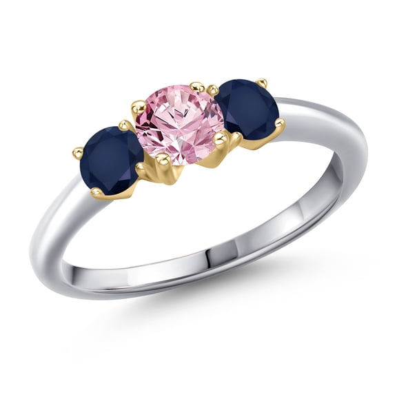 Gem Stone King 10K Two Tone Gold Pink Lab Grown Diamond and Blue Sapphire Engagement Ring for Women | 1.20 Cttw | Round 5MM | Gemstone April Birthstone | Size 9