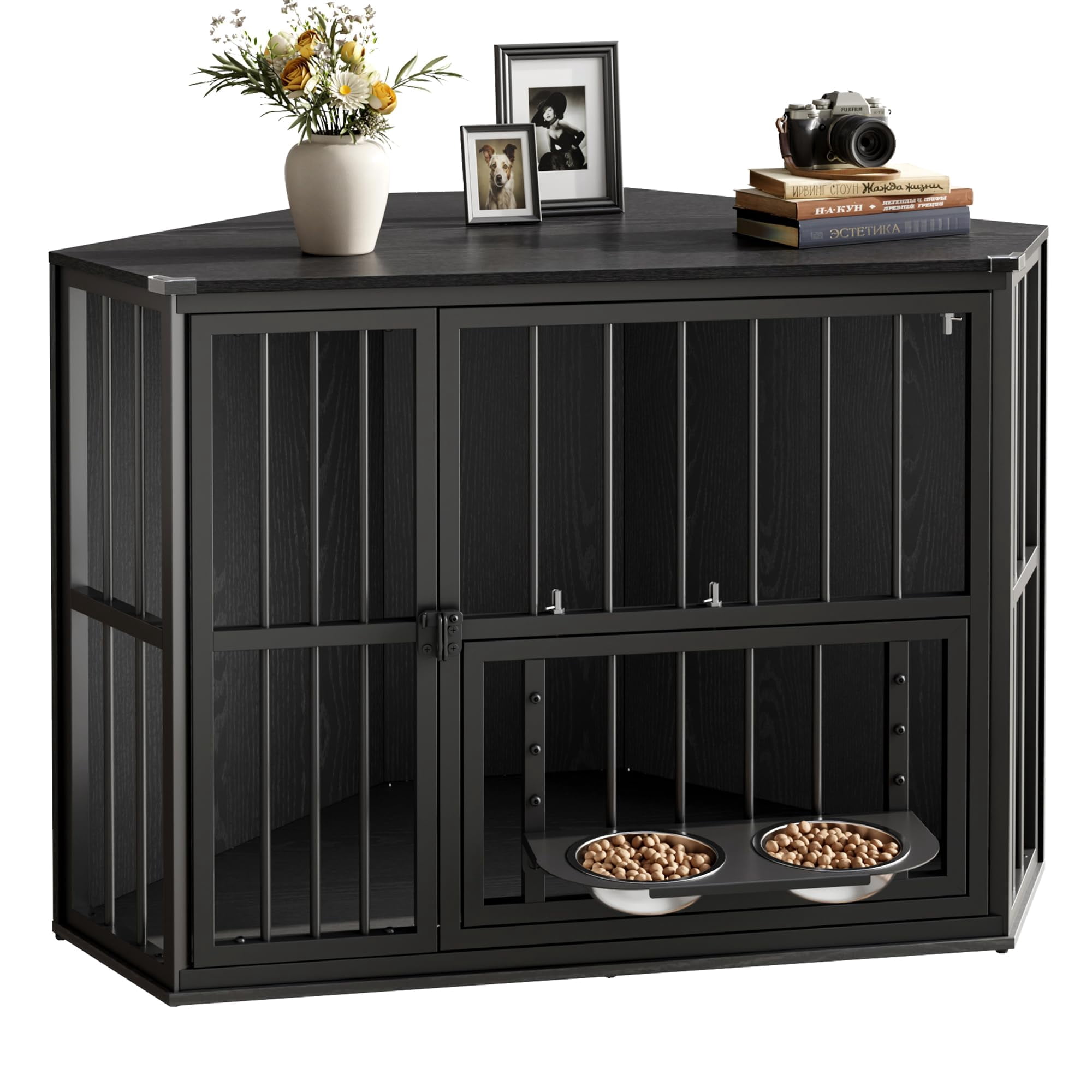 Mteryoing Corner Dog Crate with 360° Rotating Feeding Bowls, Space-Saving Wooden End Table Kennel for Small Dogs in Living Room, Black/Brown/White/Wash White