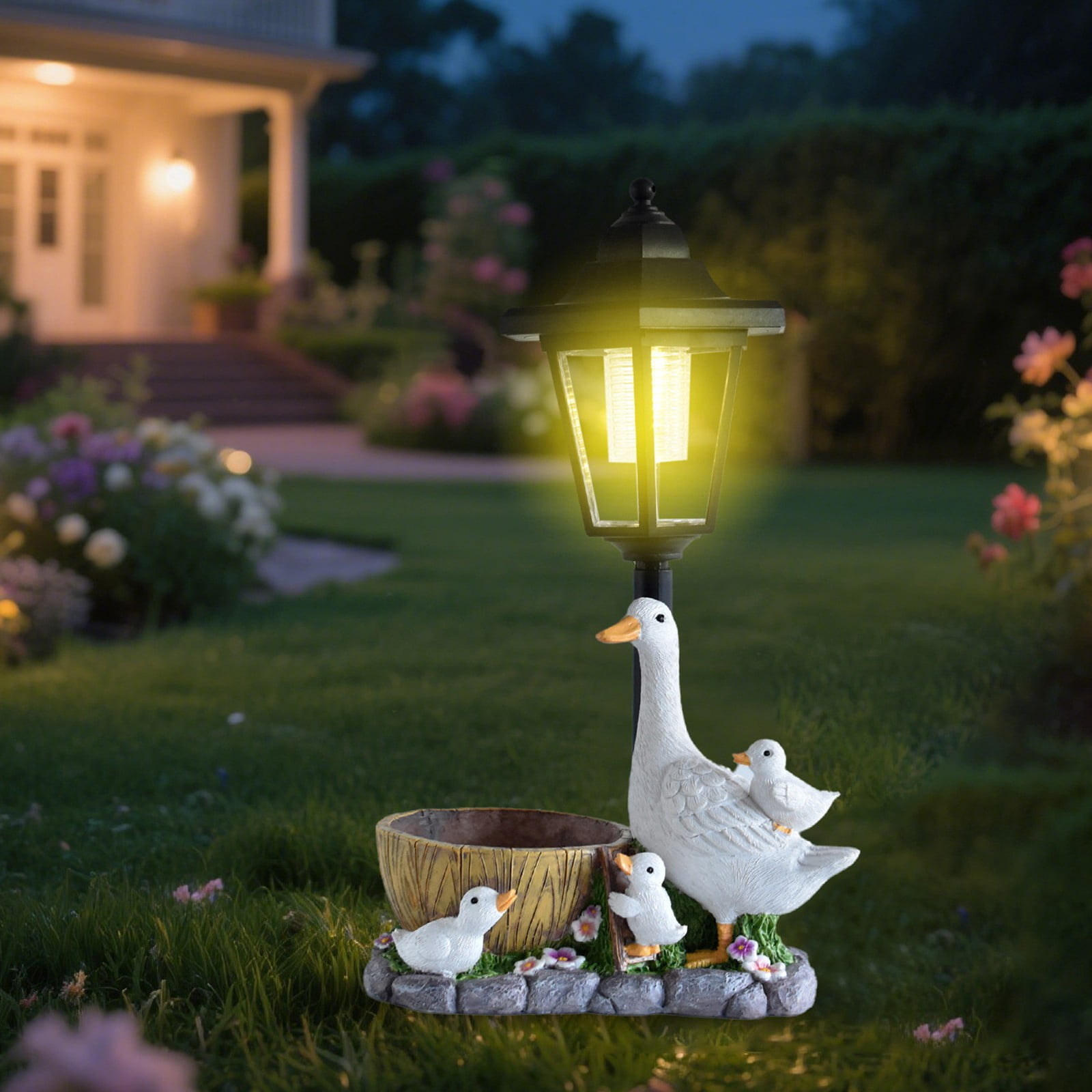 Solar Garden Statue, Figurines with Solar Lantern & Flowerpot Outdoor Decor, Resin Bird Sculptures for Patio Lawn Backyard Porch, Unique Gift for Women Mom