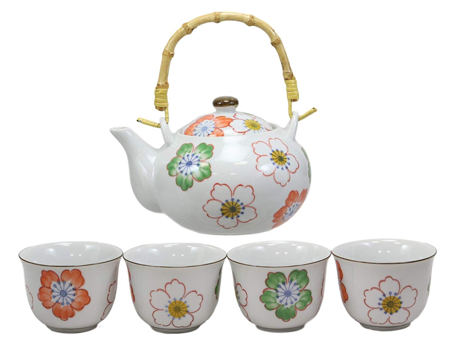 Japanese Design Colorful Botanic Floral Porcelain White Tea Pot And Cups Set - image 2 of 8