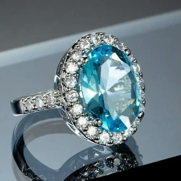 Aquamarine Blue Hollow Band White Engagement Womens 925 Silver Ring Size 6-10