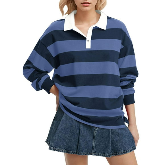 Winter Saving! HVOBTTY Women's Pullover Tshirt, Women's Long Sleeved Striped Printed Lapel V-Neck Button Casual Slit Shirt Top Blue, XL