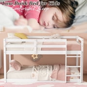 Bunk Bed Twin Over Twin, Low Twin Size Floor Bunk Beds with Ladder, Solid Wood Junior Bunk Bed for Teens Bedroom, No Box Spring Needed-White