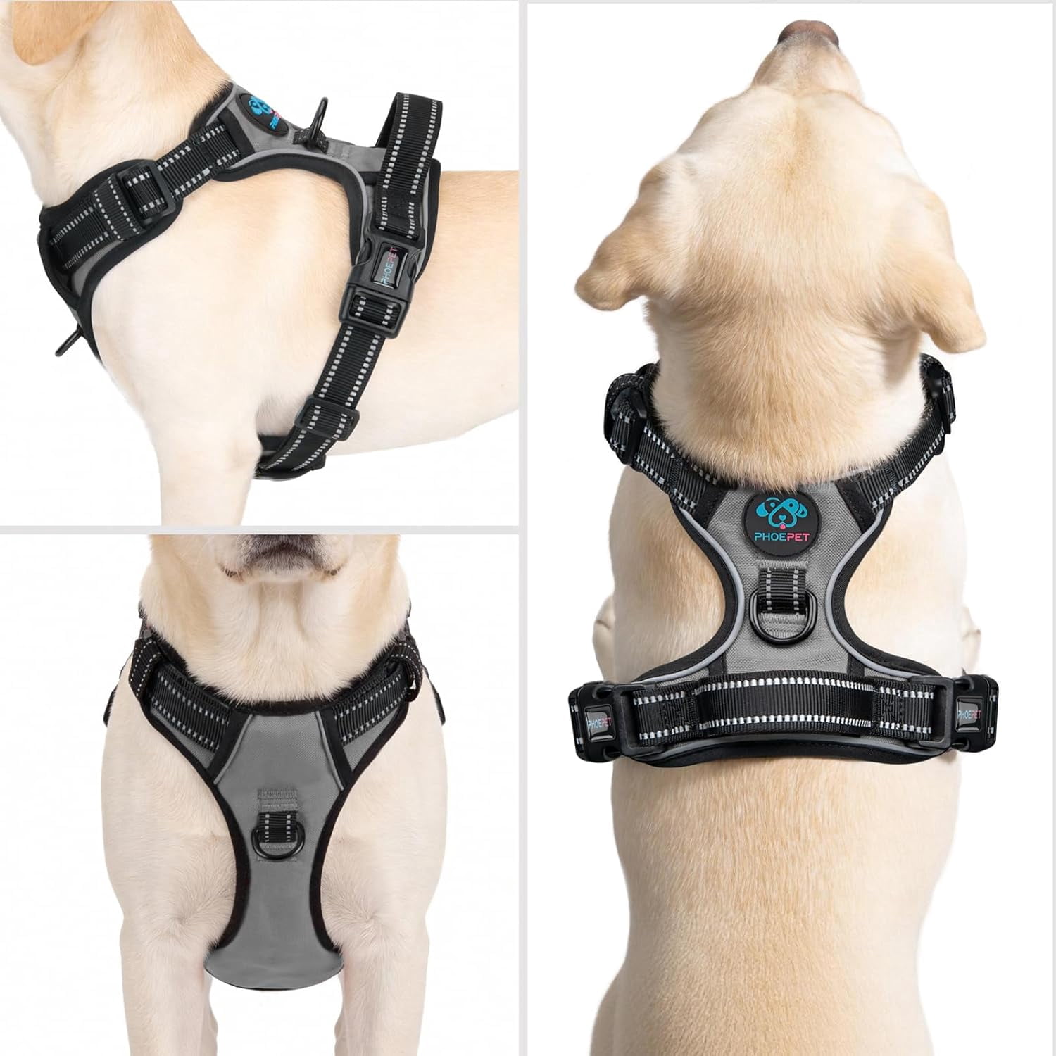No Pull Dog Harness Medium Reflective Front Clip Vest with Handle, Adjustable 2 Metal Rings 2 Buckles(M, Grey)