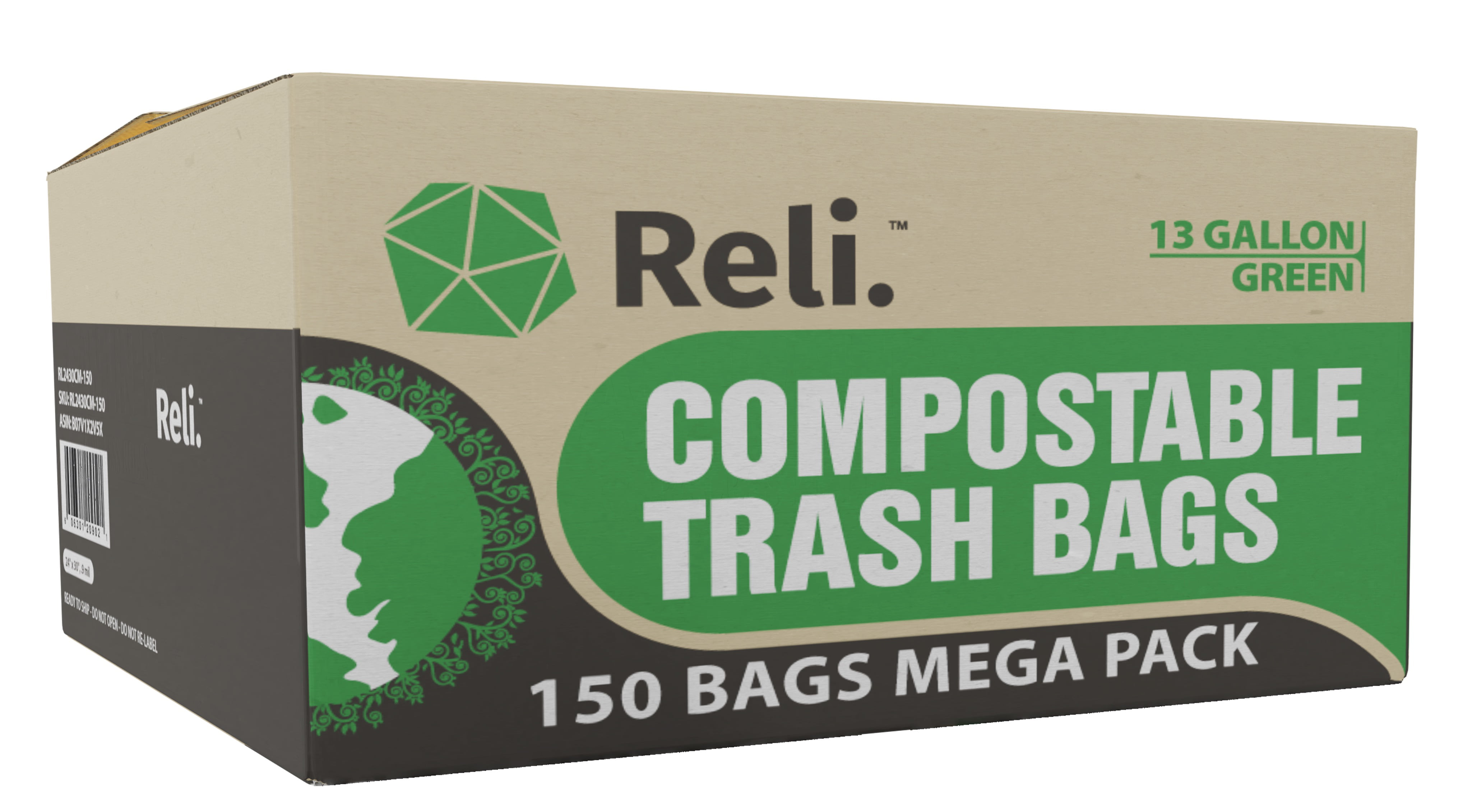 Reli. Compostable 13 Gallon Trash Bags | 150 Count Bulk | ASTM D6400 |  Green | Eco-Friendly | For Compost