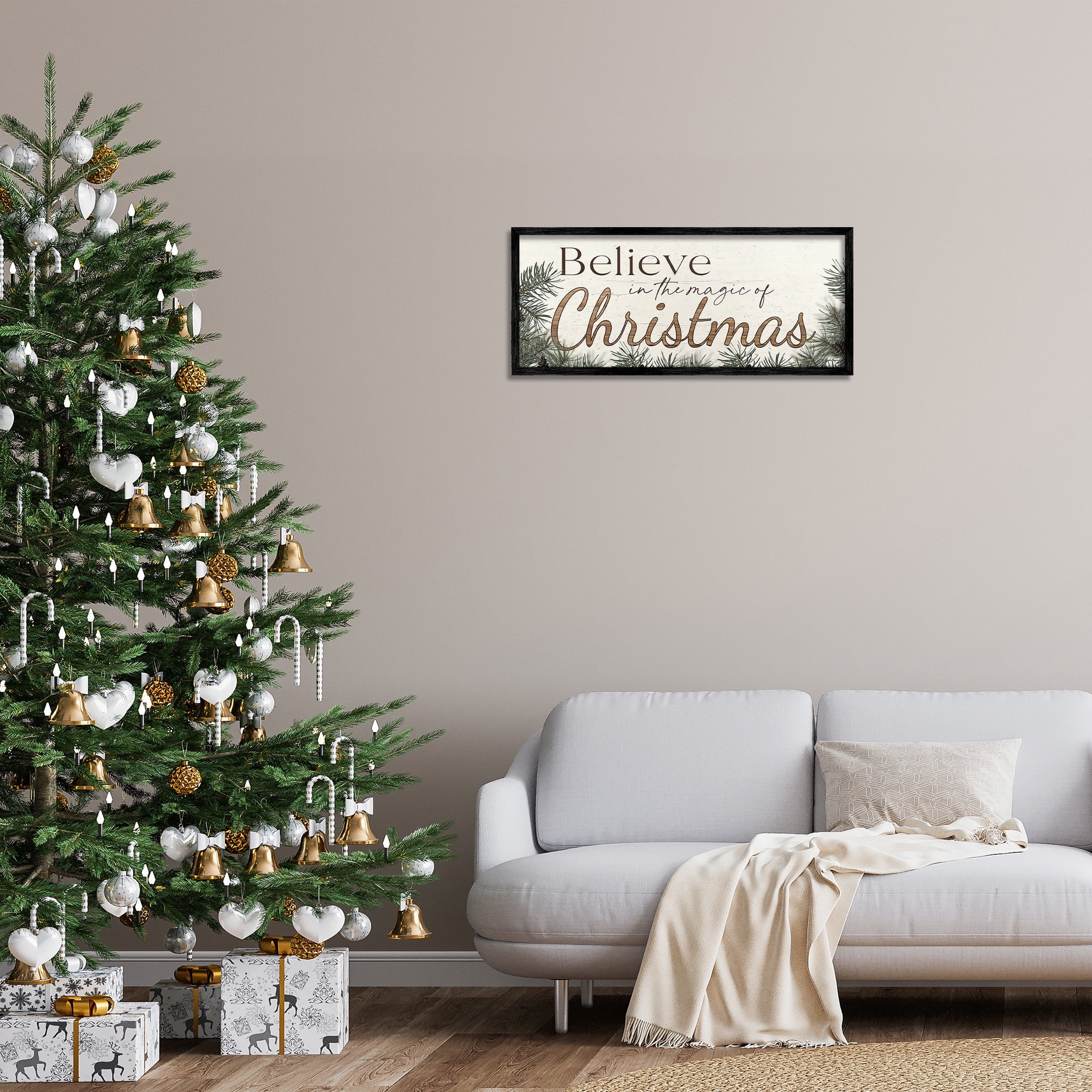 Stupell Industries Magic Of Christmas Phrase Holiday Painting Black Framed Art Print Wall Art, 30 x 13