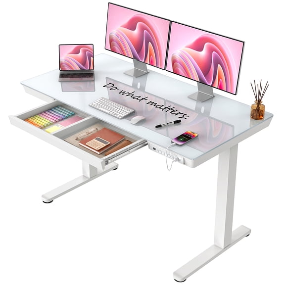 CHITOOMA Glass Top Electric Standing Desk with Drawer, 48'' x 24'' Electric Height Adjustable Desk with USB Charging Ports, Sit Stand up for Home Office