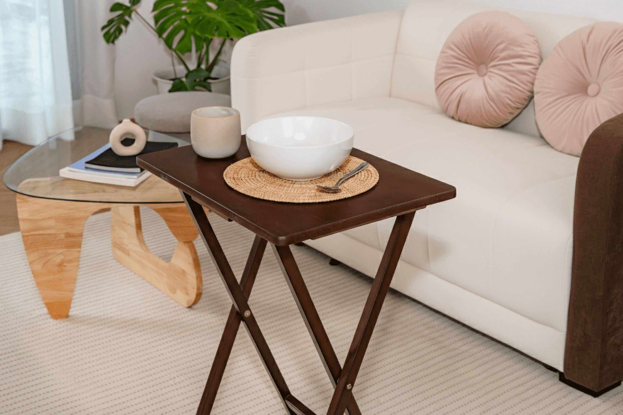 (2 pack) Mainstays TV Tray Table Set, 3-Piece with 2 Folding Rubberwood Trays and Storage Rack, Walnut