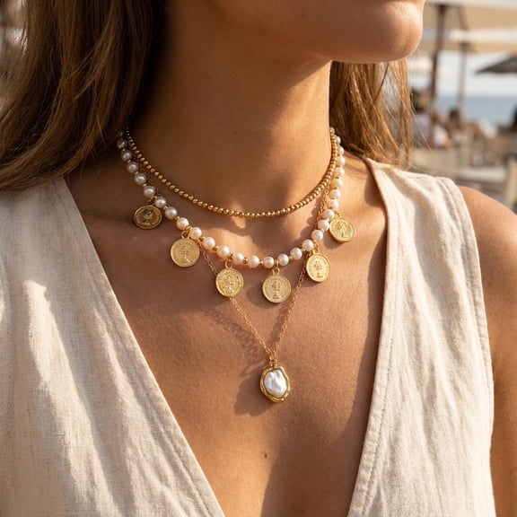 SKQIT Layered Pearl Necklace for Women,Chunky Imitation Pearl Statement Necklace,Gold Irregular Bead Necklace Vintage Jewelry