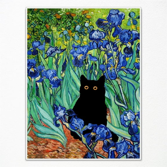 Aaheei Van Gogh Irises Canvas Wall Art Famous Oil Paintings Garden Flower Black Cat Poster Funny Cat Floral Print Colorful Abstract Farmhouse Gallery Aesthetic Room Wall Decor for Bathroom