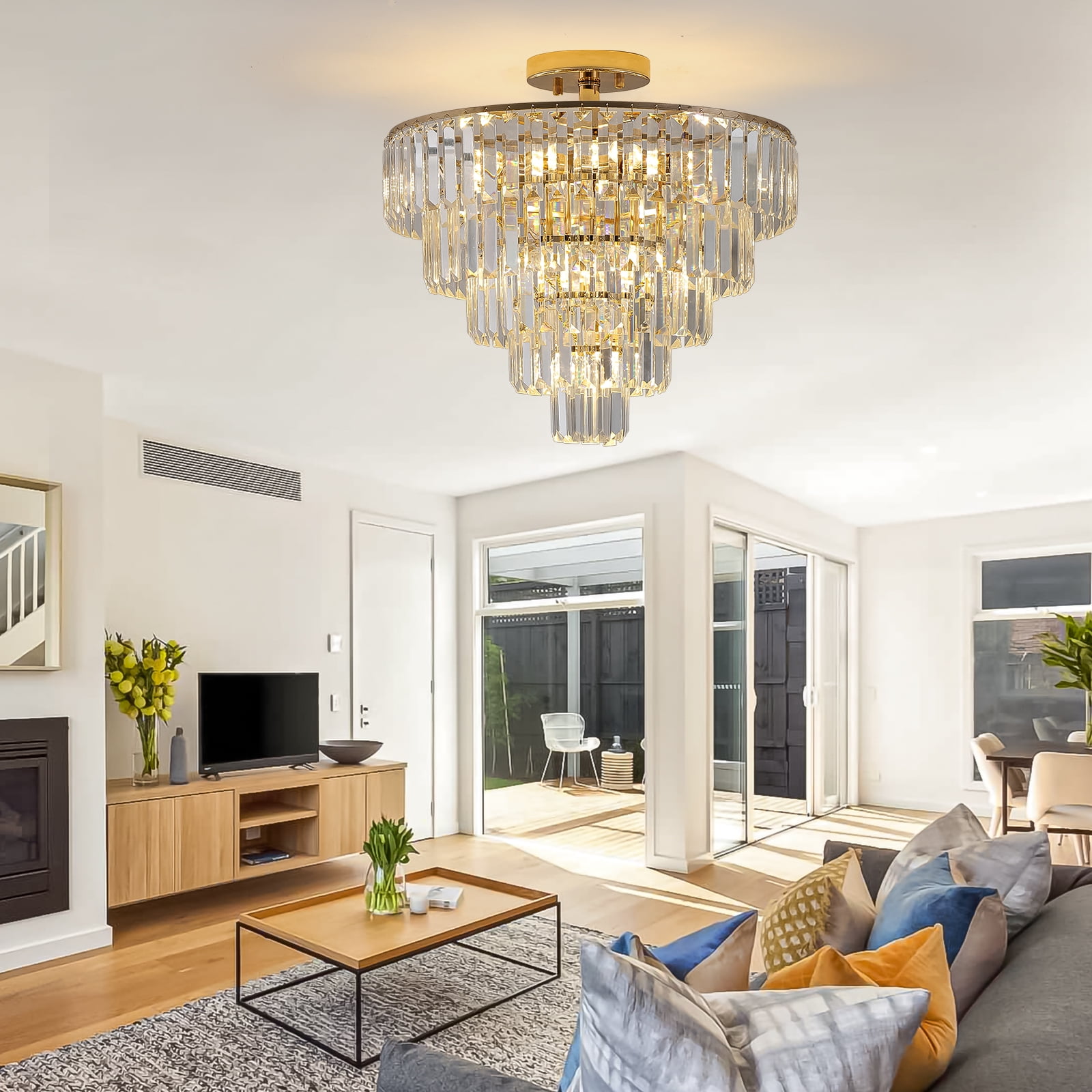 Large Contemporary Luxury Ceiling Lighting Gold Crystal Chandeliers,5-Tier 19.7in Round Semi Flush Mount Chandelier Light Fixture,for Living Room Dining Room Bedroom Hallway