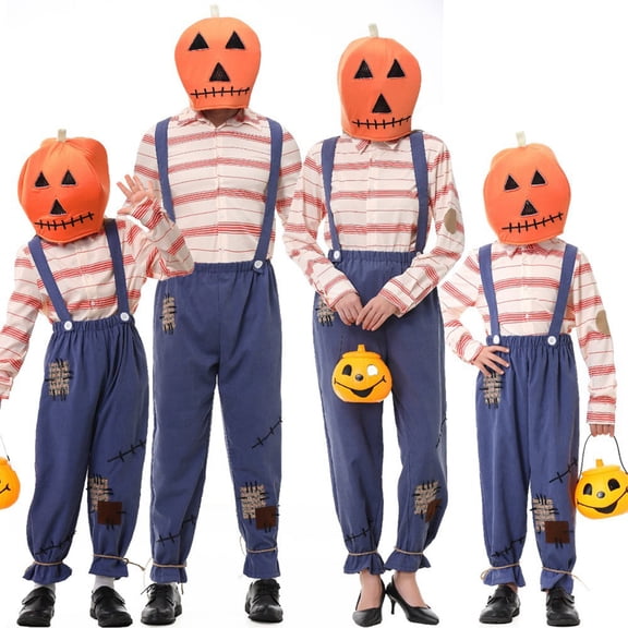 Halloween Family Matching Costume Sets, Pumpkin Head Mask with Striped Shirt and Suspender Pants, Parent-Kids Scarecrow Cosplay Outfit for Party
