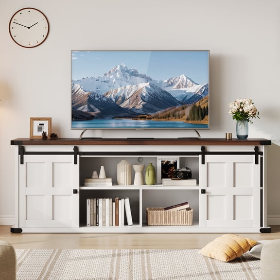 PYY Farmhouse TV Stand for 75/80 Inch TVs - Modern Entertainment Center with Sliding Barn Doors - Media Console with Storage Cabinets & Power Outlets - Long Wood TV Stand for Living Room - White
