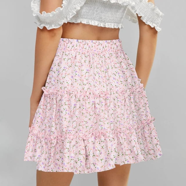 ICHUANYI Clearance Women Summer Casual Vintage High Waist Floral Print Beach Ruffled Short Skirt(Pink, XL) ICHUANYI WER2023081012980