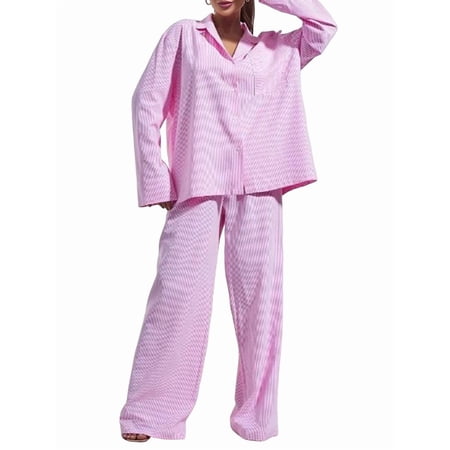 Osfvolr Pajamas for Women 2 Piece PJ Set Stripe Ladies Button Down Long Sleeve Printed Sleepwear Pink S