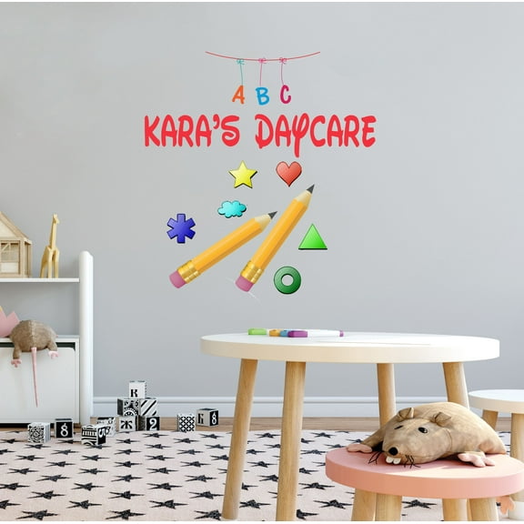 KIDS DAYCARE - Removable Kindergarten Vinyl Art Multicolored Letters Shapes & Pencils Decoration Child Care Adhesive Customized Name Wall Decal Sticker 9" x 10"
