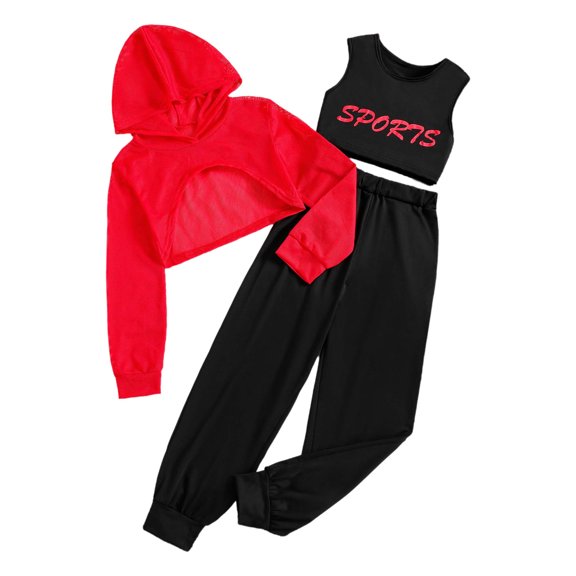 Haitryli Kids Girls Sweatsuits 3 Pcs Hooded Sweatshirt Tank Top And Pants Set Girls Sports Outfit Red 10Y
