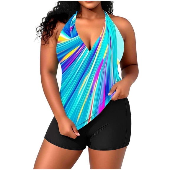 HAPIMO Womens Plus Size Tankini Swimsuits Tropical Print Halter Top with Boy Shorts Two Piece Bathing Suits Summer Swim Sets for Vacations & Beach Volleyball Etc Sky Blue XL