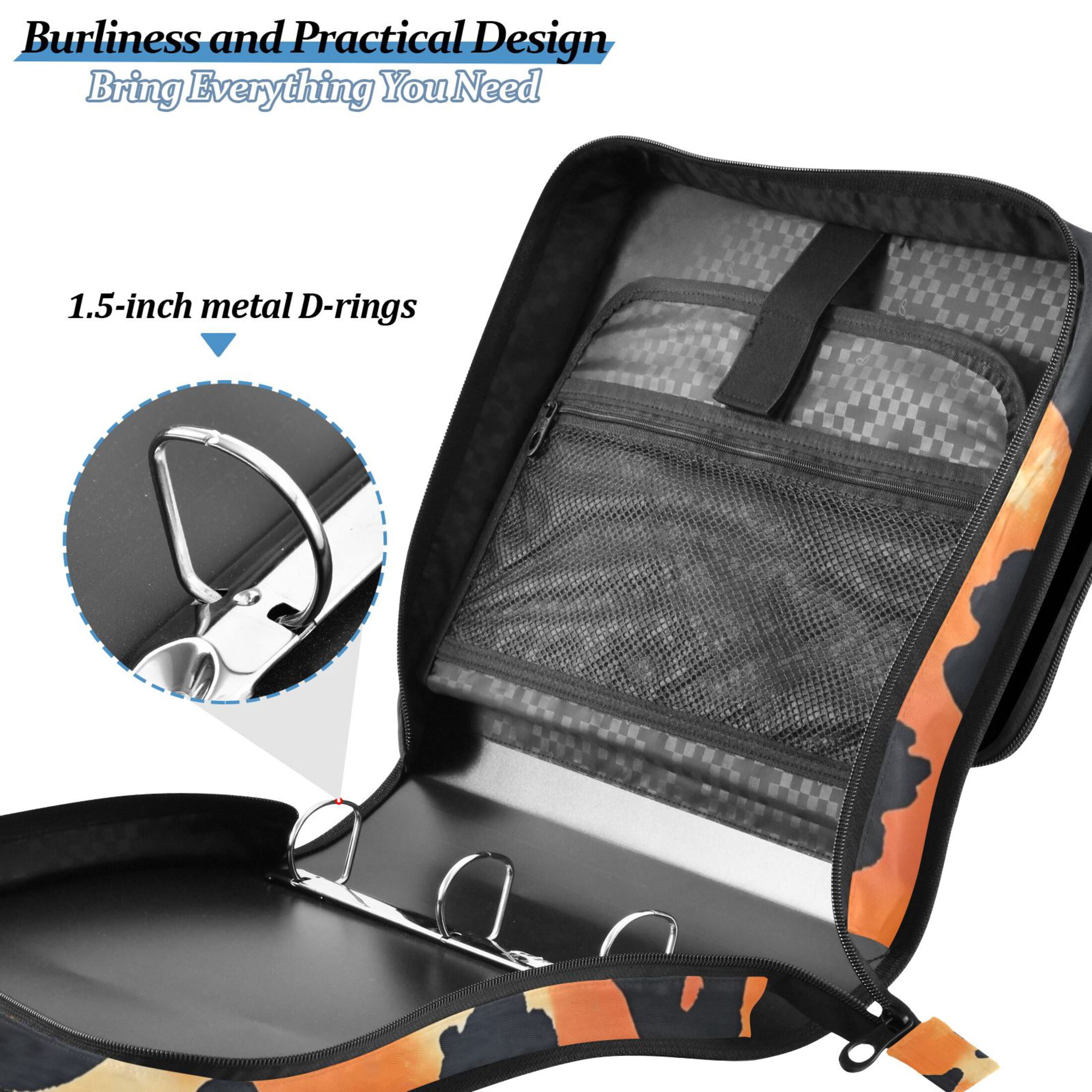 3 Ring Zipper Binder with Shoulder Strap Waterproof Trapper Keeper 2 Inch D-Ring 500 Sheets Capacity Orange Black Spots
