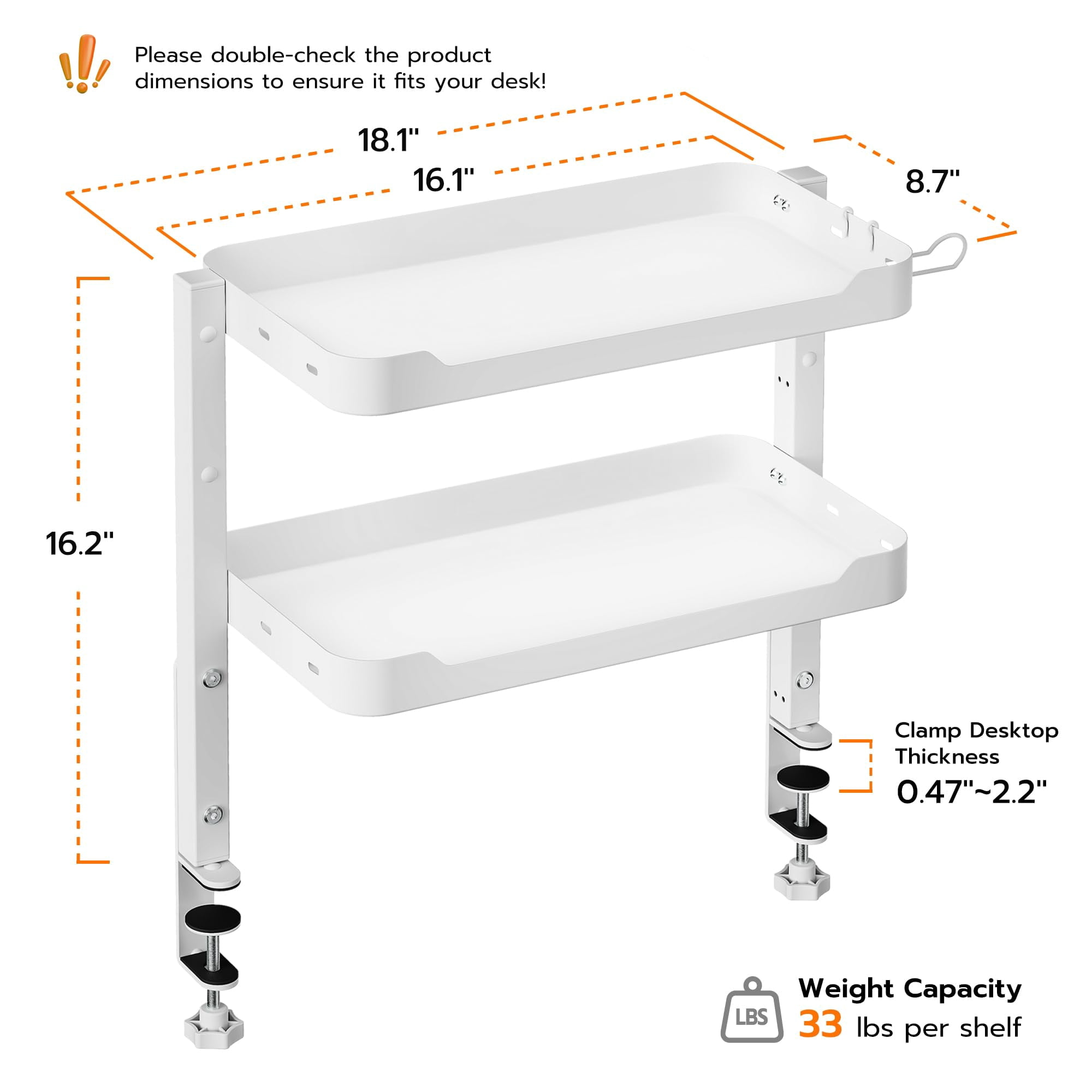 2-tier Clamp On Desk Shelf  16 Inch Adjustable Above Or Under Storage Shelves Holds 66 Lbs Heavy Duty Desktop Organizer With Headphone Holder For Working And Gaming Accessories White