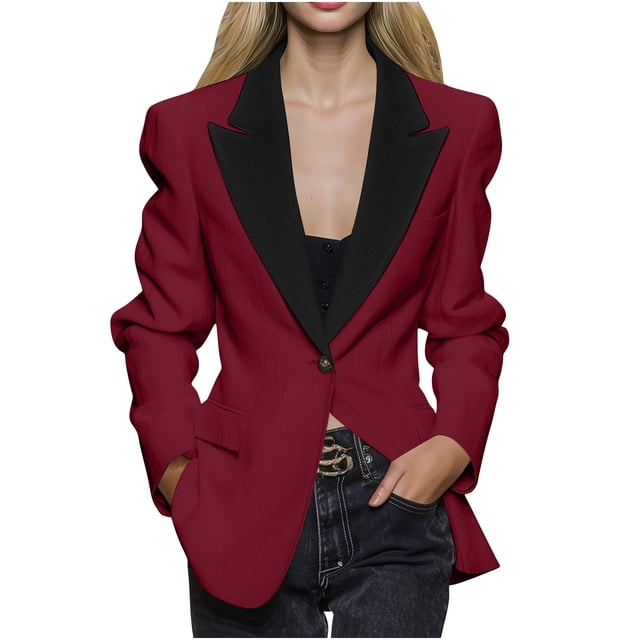 RXMEKW Slim Lapel Blazer for Women Long Sleeve Button Front Office Jacket for Work Solid Color