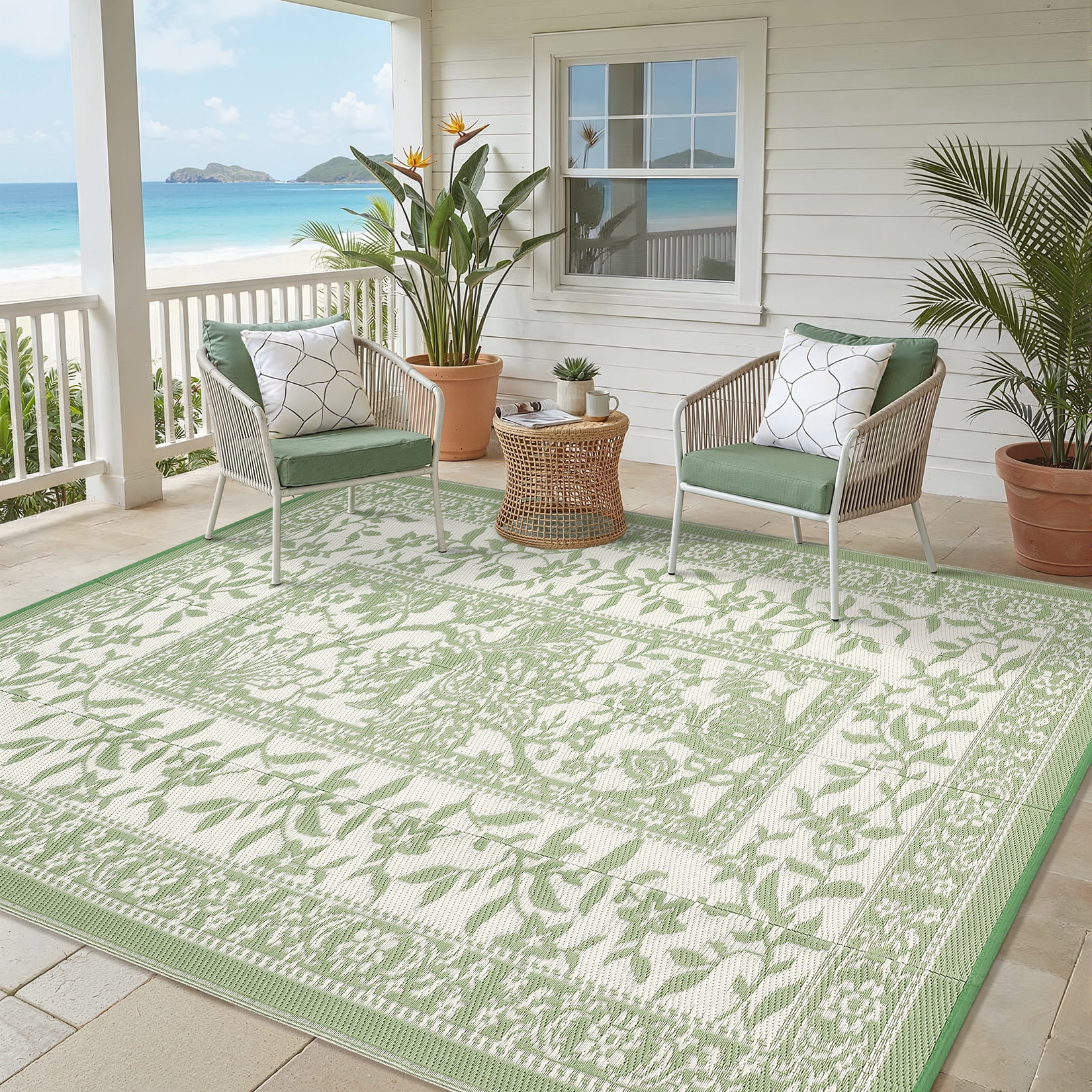 Garvee Outdoor Rug 9x12ft Waterproof Reversible Foldable Plastic Straw Rug, Modern Floral Border Outdoor Mat for Patio, Camping, RV, Deck, Porch, Balcony, Gray Green