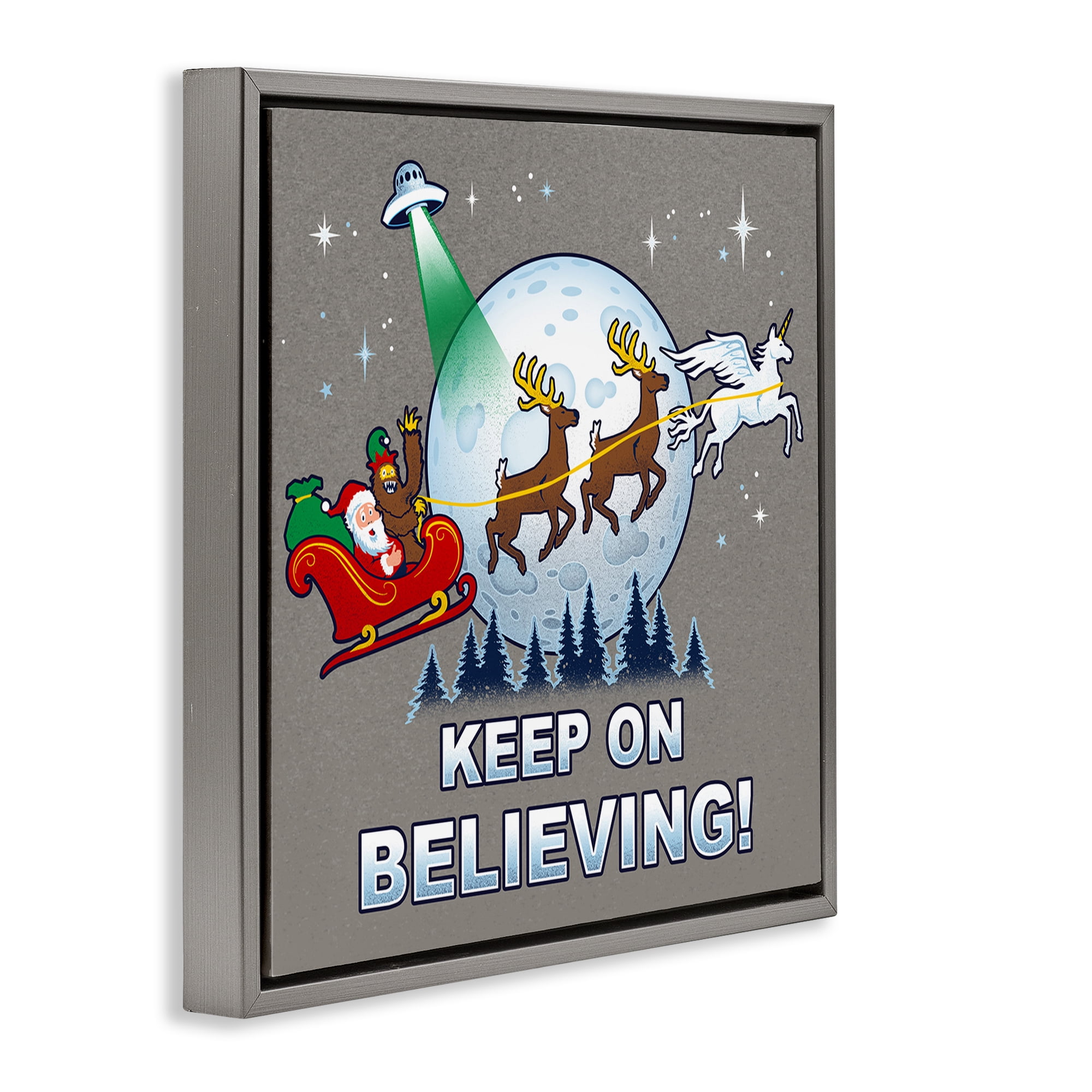 Stupell Industries Keep on Believing Holiday Holiday Painting Gray Floater Framed Canvas Art Prints Wall Art, 18 x 18