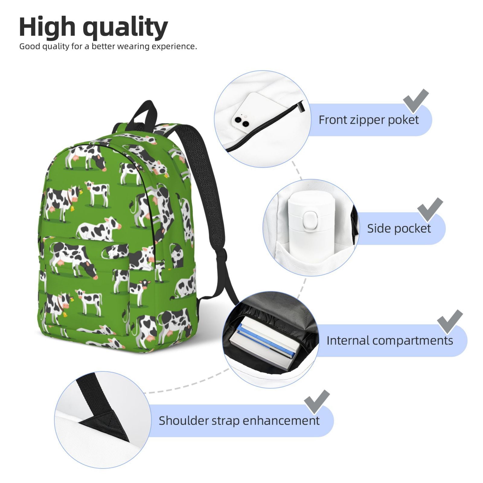 Vsdgher Cows With Calfs Green Print Canvas Backpack Travel Rucksack Unisex Knapsack 15.7/17.7Inch Laptop Backpack for Work,College -Medium