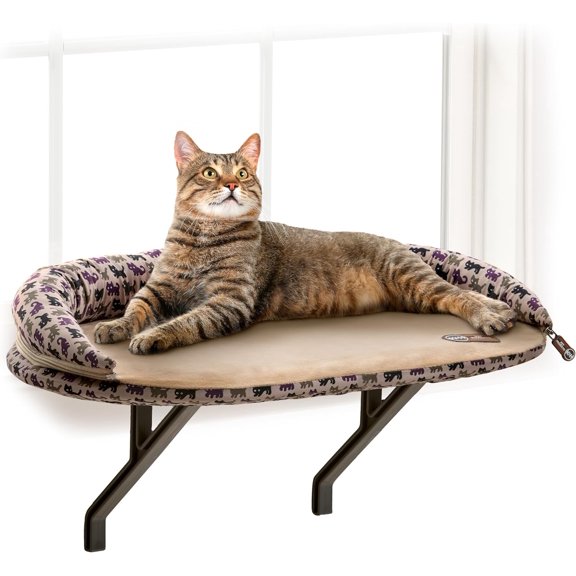 Cat Window Perch with Bolster Cushion, 24 x 14 Inch Wall Mounted Cat Window Bed, Removable Washable Polyester Cover for Cats