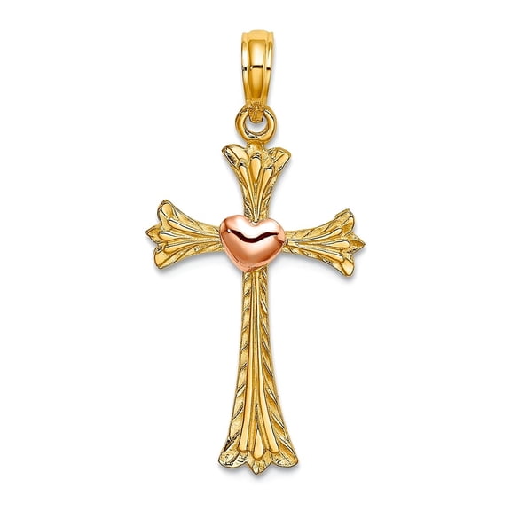 14k Gold 15mm Religious Faith Cross With Pink Love Heart Textured Pendant Necklace for Women