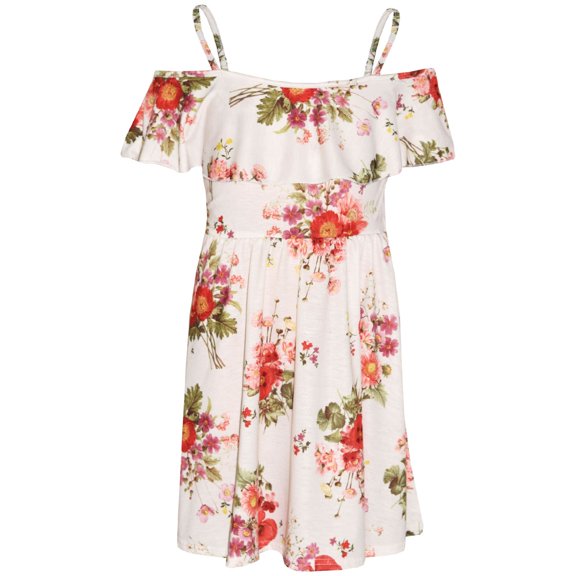 Girls Skater Dress Kids Red Floral Summer Party Off Shoulder Dresses 7-13 Years