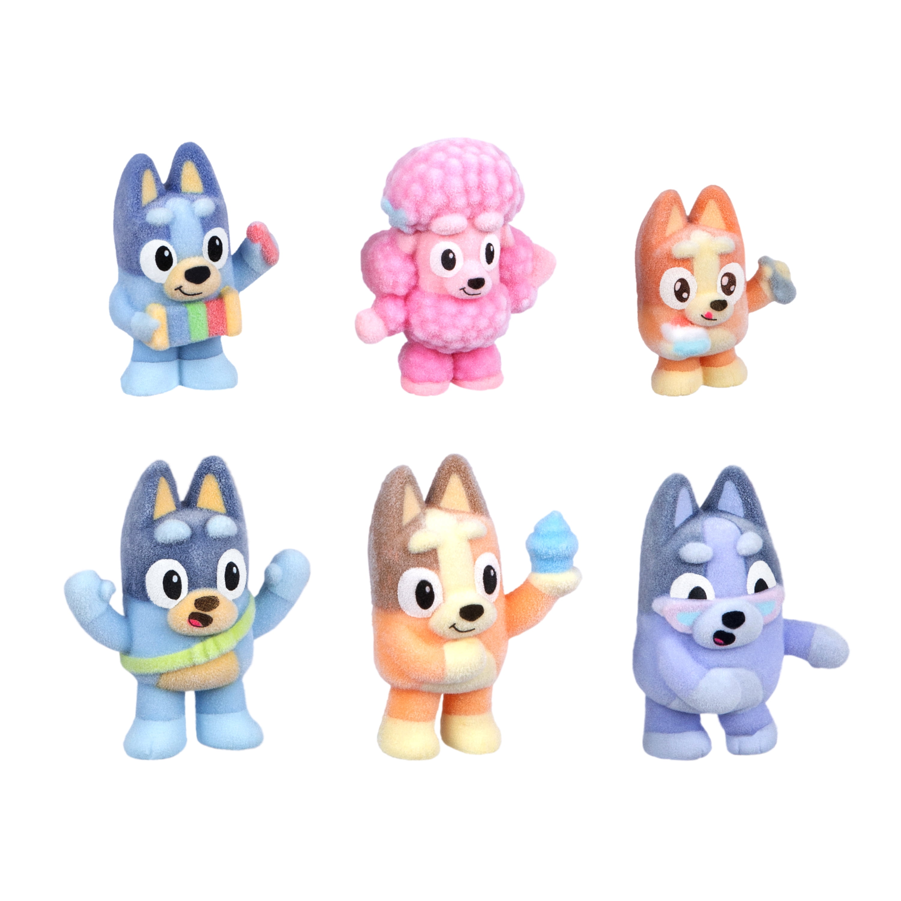 Bluey Fuzzies Deluxe Figure Pack. 6 Flocked Collectibles. Incl. 2 Surprise Figures (Blind Pack), Trading Card, and Collector's Guide. Ages 4+
