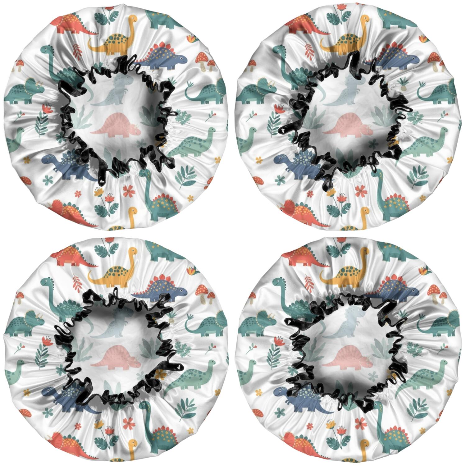 Shower Caps,White Dinosaurs Plants Mushrooms Pattern Waterproof Shower Cap for Women 4 Pieces,Double Reusable Hair Cover for Shower PEVA Elastic Stretch Hem