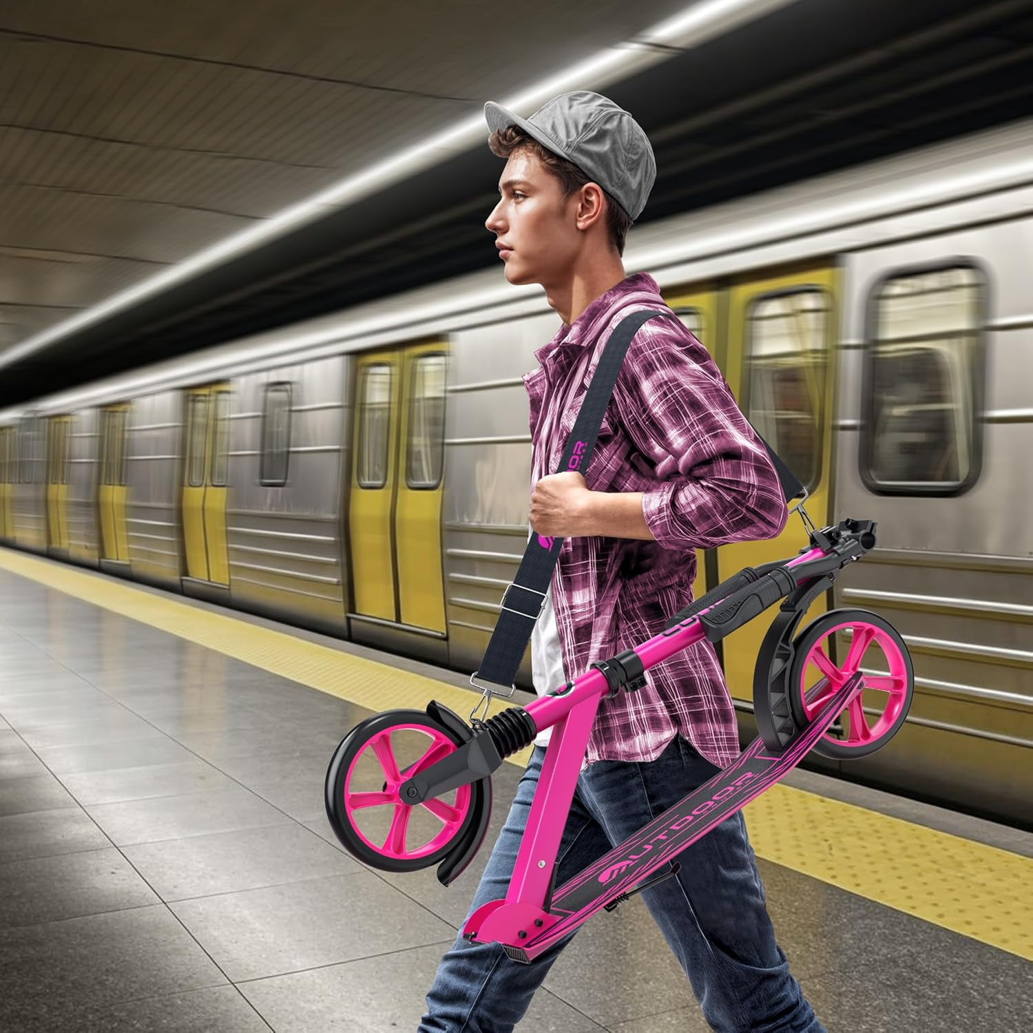 OutdoorCruiser Kick Scooter for Ages 6+, Kids, Teens & Adults, Foldable, Dual Suspension, 3-Level Adjustable Handlebar, Child Safety Approved, Pink