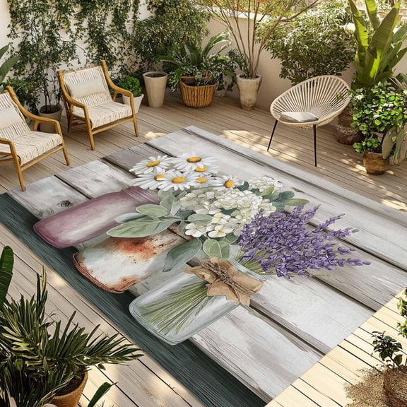 Spring Floral Outdoor Rug for Patio/Deck/Porch, Non-Slip Large Area Rug 3 x 5 Ft, Pastoral Bottle Daisy Lavender Gray Wooden Indoor Outdoor Rugs Washable Area Rugs, Camping Rug Carpet Runner